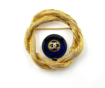 CHANEL Vintage Gold Plated CC Blue Stone Rope Wreath Brooch