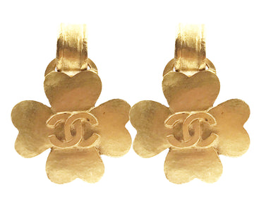 CHANEL Vintage Gold Plated CC Clover Clip on Earrings
