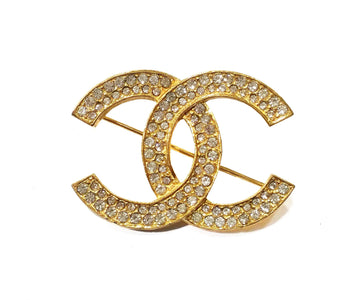 CHANEL Vintage Classic Gold Plated CC Crystal Brooch