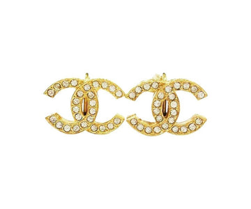 CHANEL Vintage Gold Plated CC Crystal Clip on Earrings