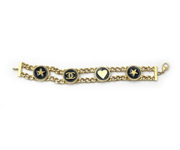 CHANEL Vintage Gold Plated CC Heart Star Black Coin Bracelet
