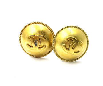 CHANEL Vintage Gold Plated CC Medallion Round Clip on Earrings
