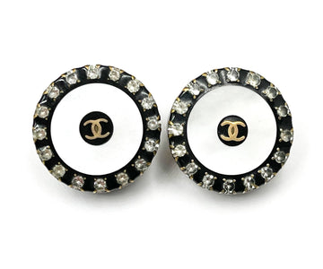CHANEL Vintage Gold Plated CC Mother of Pearl Crystal Rim Clip on Earrings