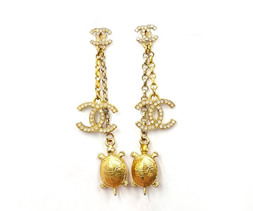 CHANEL Rare Vintage Gold Plated CC Opal CC Tortoise Dangle Piercing Earrings