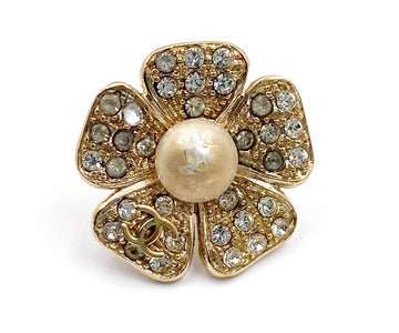 CHANEL Vintage Classic Gold Plated CC Flower Pearl Crystal Pin