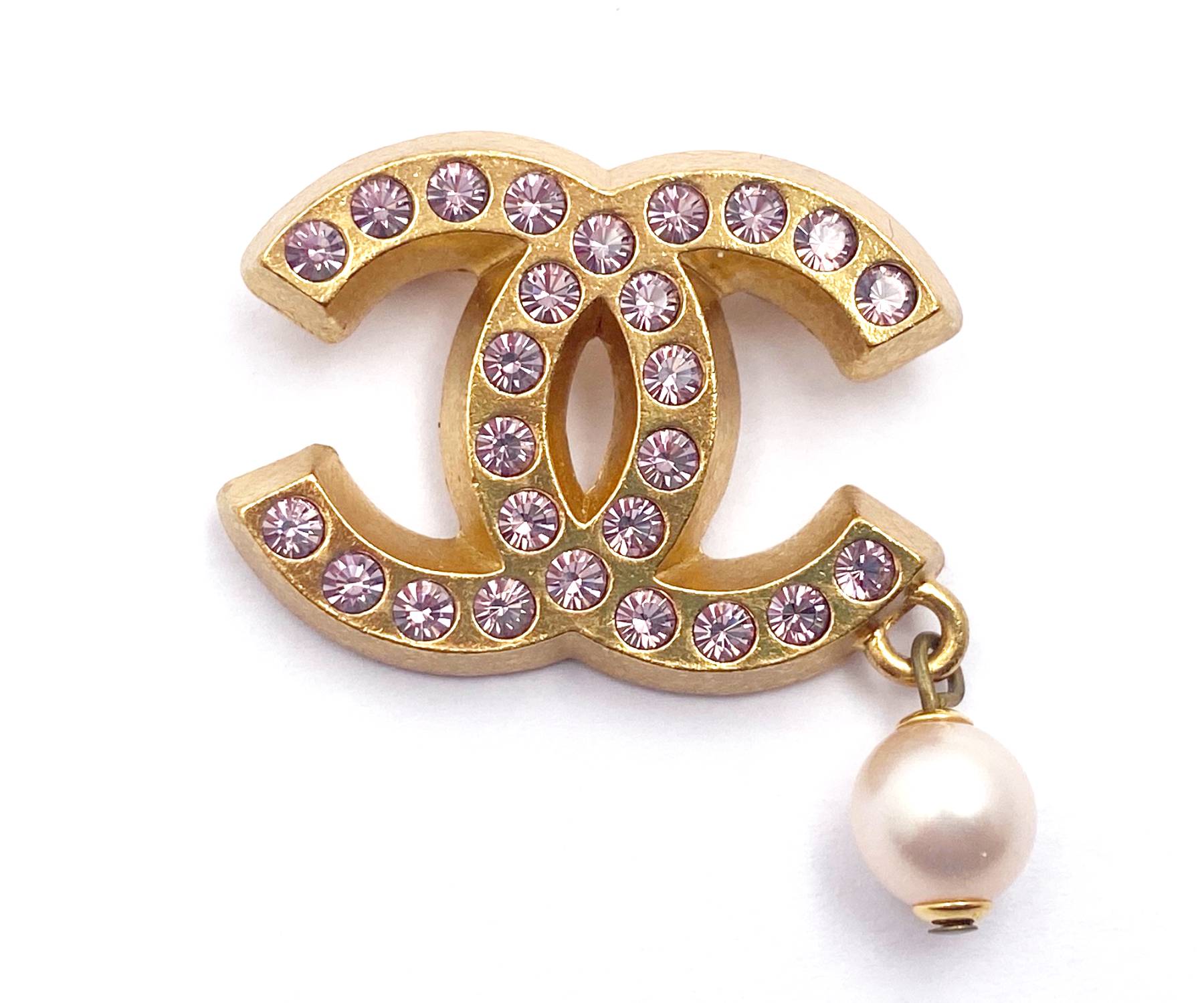 CHANEL Vintage Gold Plated CC Pink Crystal Pearl Dangle Small Brooch