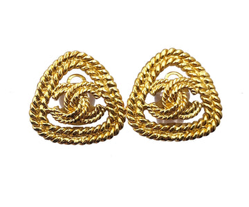 CHANEL Vintage Gold Plated CC Rope Triangle Clip on Earrings