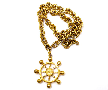 CHANEL Rare Vintage Gold Plated CC Large Sailor Wheel Long Chain Necklace