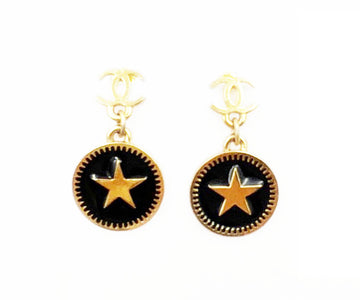 CHANEL Vintage Gold Plated CC Star Round Black Coin Dangle Piercing Earrings