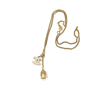 CHANEL Gold Plated CC Opal Crystal Thimble Dangle Pendant Necklace