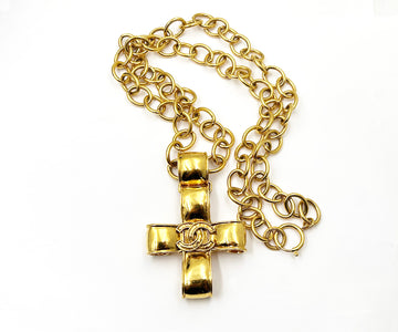 CHANEL Vintage Gold Plated Large Cross Pendant Long Chain Necklace