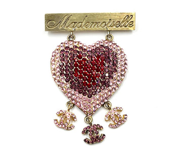 CHANEL Vintage Rare Gold Plated Mademoiselle Pink Heart CC Brooch