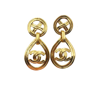 CHANEL Vintage Gold Plated Round Cross CC Tear Drop Clip on Earrings