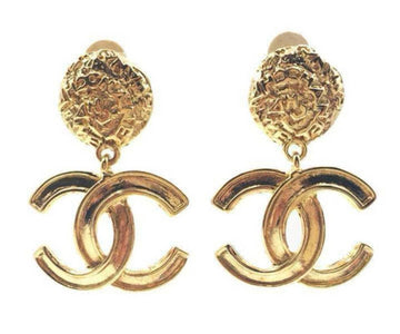 CHANEL Vintage Gold Plated CC Textured Clip on Earrings