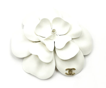 CHANEL White Camellia Gold CC Large Brooch