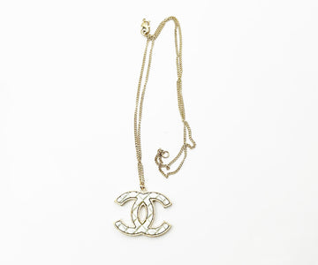 CHANEL White CC Plaid Gold Frame Necklace