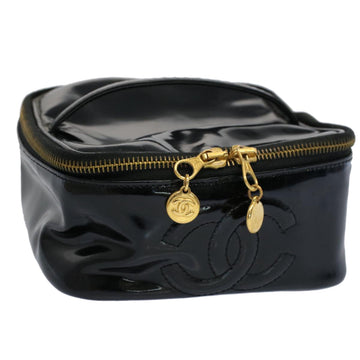 CHANEL Vanity Cosmetic Pouch Patent leather Black CC Auth yb378