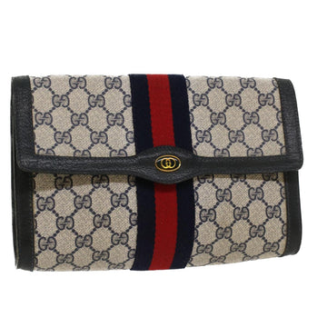 GUCCI GG Canvas Sherry Line Clutch Bag PVC Leather Gray Red Navy Auth yk7169