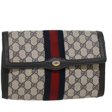 GUCCI GG Canvas Sherry Line Clutch Bag Gray Red Navy 89.01.006 Auth yk7558B